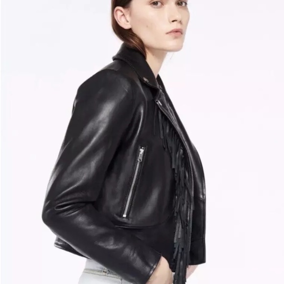 Sandro Black Lamb Leather Fringe Biker Moto jacket - Picture 9 of 10